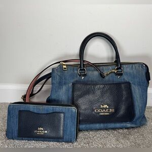 COACH Emma Satchel Crossbody Color block Denim Leather Handbag w/ Wallet RARE